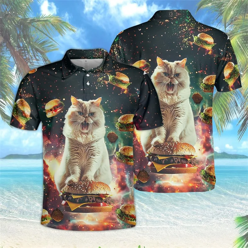 Hamburger Cat Graphic Polo Shirts For Men Delicious Food 3D Printed Tees Harajuku Hawaii Loose Tops Street Lapel Short Sleeves