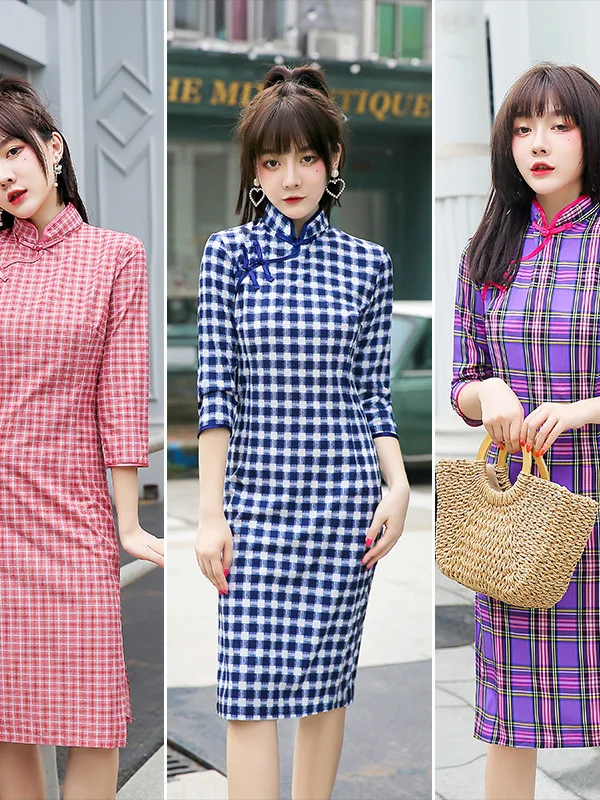 Checkered Cheongsam Girl Elegant Cheongsam Chinese Cheongsam Skirt Art Fresh Student Qipao Daily Fashion Short Cheongsam Dress