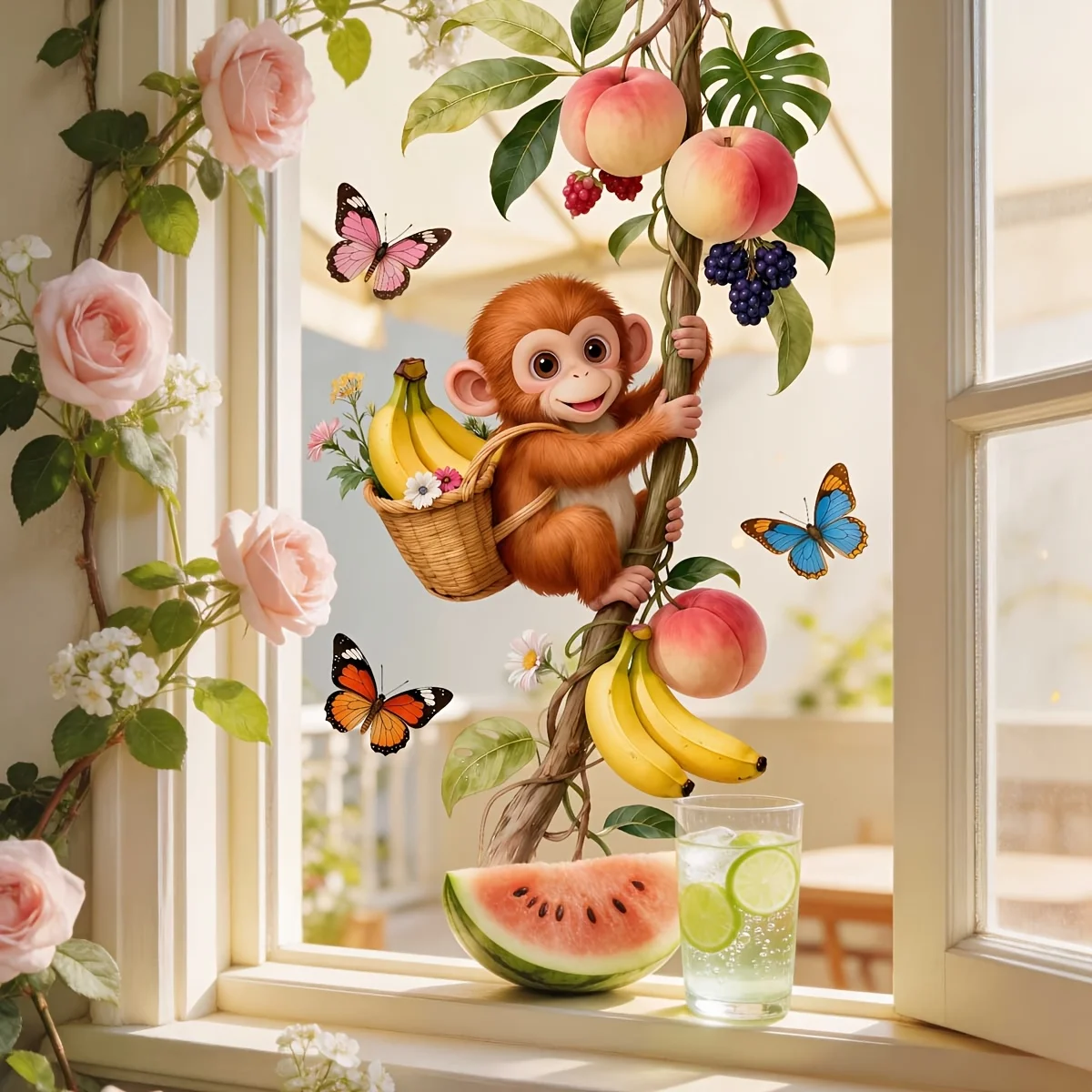 1pc Cartoon Monkey Picking Fruits Themed Wall Decals, suitable for decorating windows, bedrooms, cabinets and refrigerators