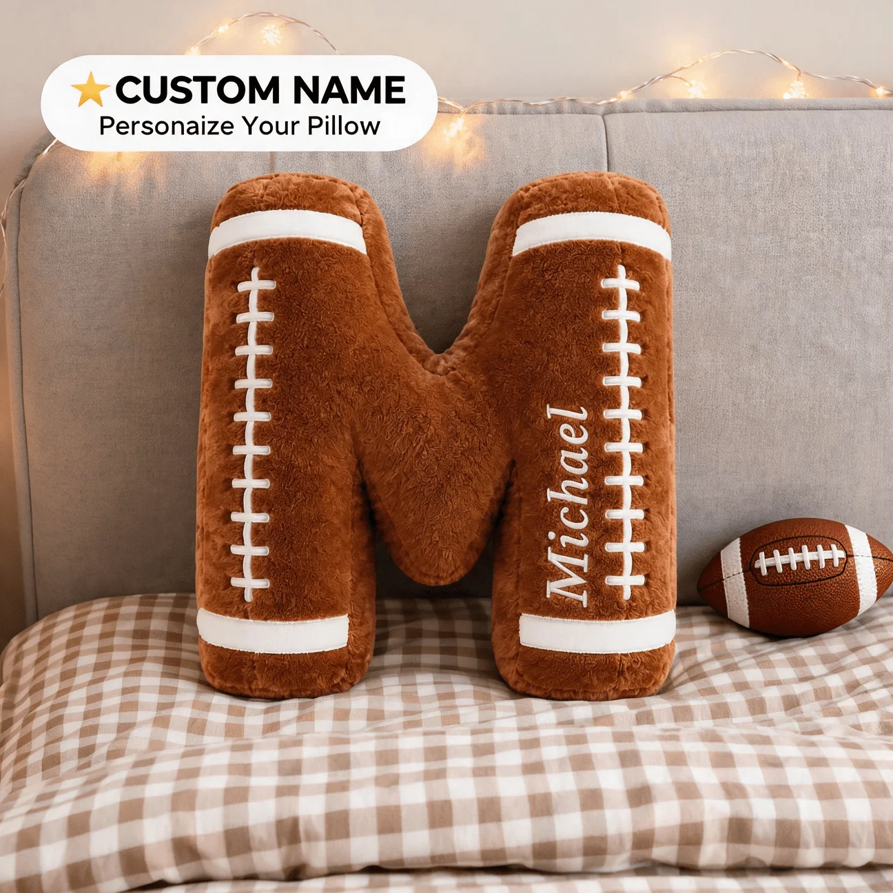 Custom Photo Football Letter M Pillow Personalized Name Cushion Unique Home Decor for Sofa Bedroom Gift for Him Man Adult Friend