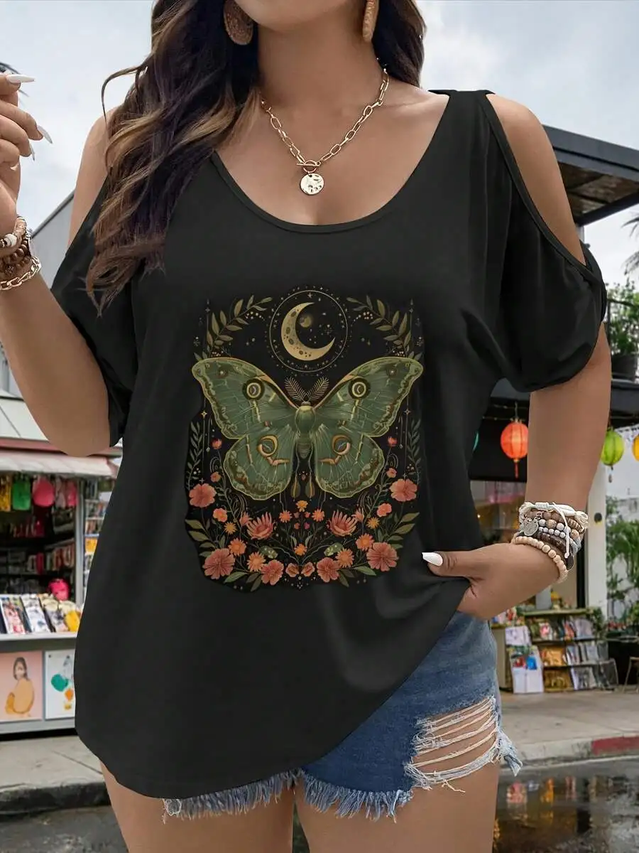 

Plus Size Moonlight Moth Butterfly Print Casual Top With Open Back And Tie Detail