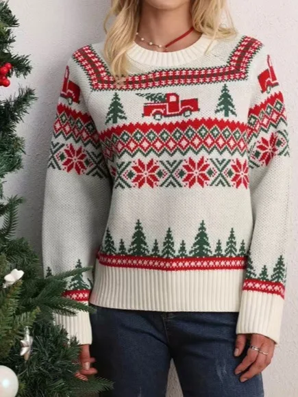 Autumn and Winter Classic Comfortable Casual Lazy Christmas Tree Jacquard Embroidery Round Neck Pullover Sweater