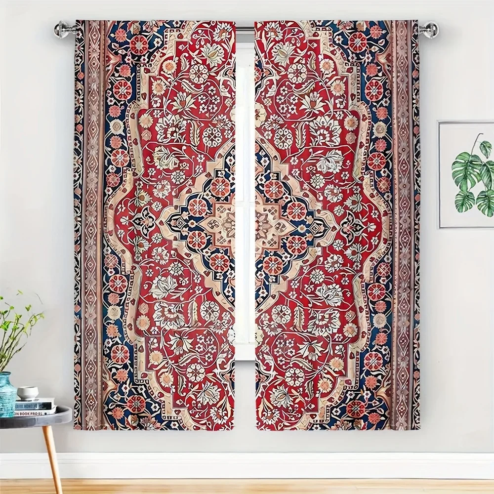 

2PC Luxury Moroccan Persian Pattern Curtain Drapes Red Blue Print Oriental Bohemian Vintage Window Curtain Pair Home Decor