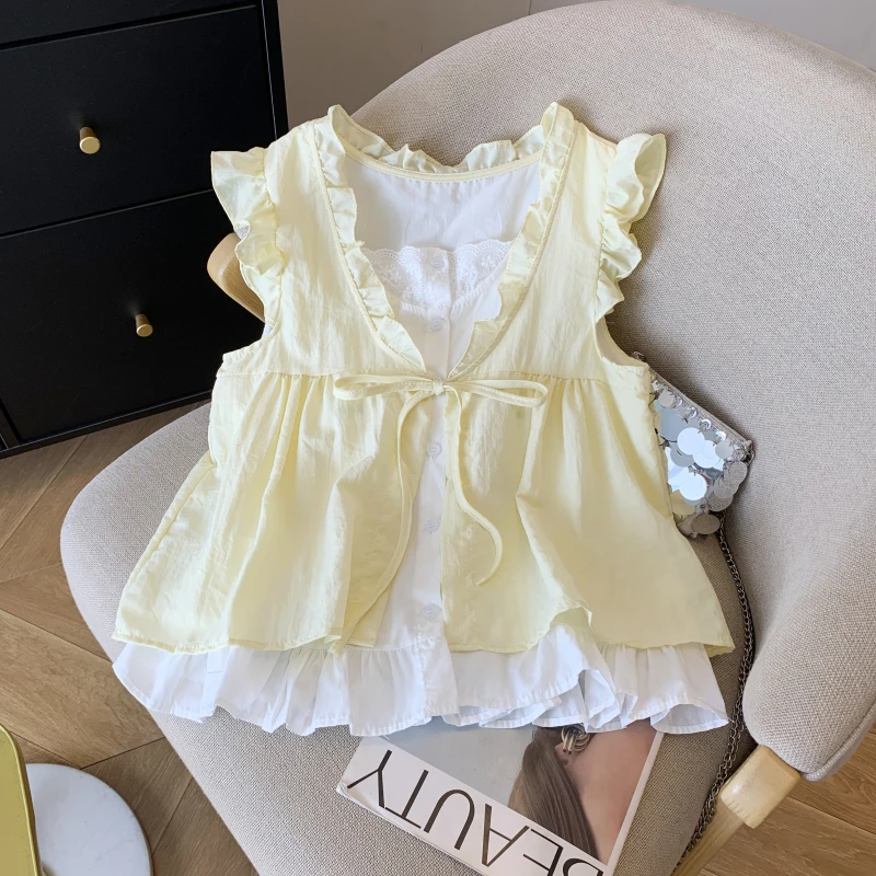 الكورية الحلو Cottagecore قميص بدون أكمام المرأة الأزرق منقوشة كشكش تقليم التعادل الجبهة وهمية قطعتين بيبي دول بلوزة مع بطانة الدانتيل