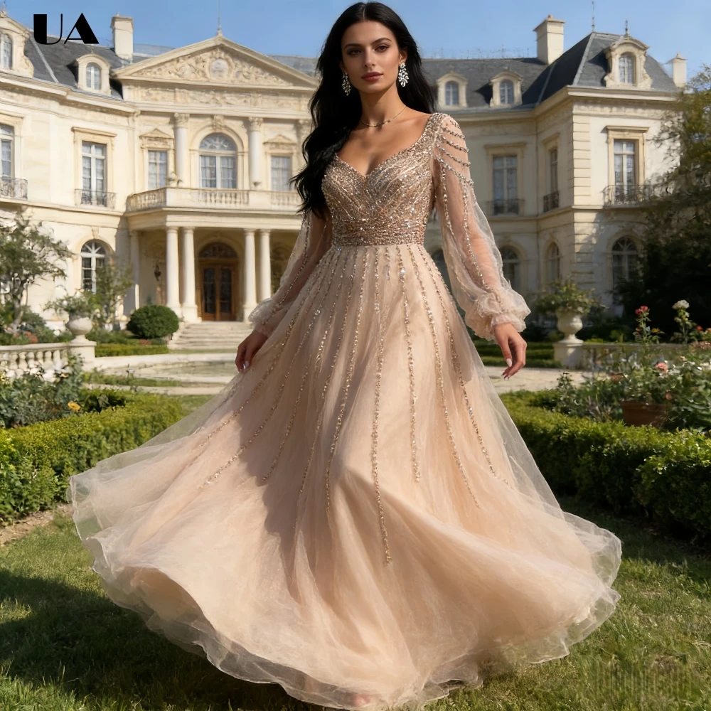 

ULBYANRY Customized Tulle A-Line V-Neck Beaded Prom Dress, Luxury Sheer Long Sleeve Evening Dress for Woman, Elegant Ball Gown