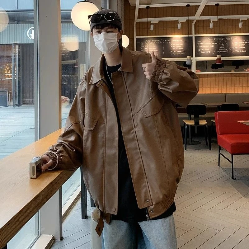 

Vintage Biker Jacket for Men Loose Fit Oversized Collared Leather Coat Premium Quality Streetwear Outerwear for Spring Autumn​