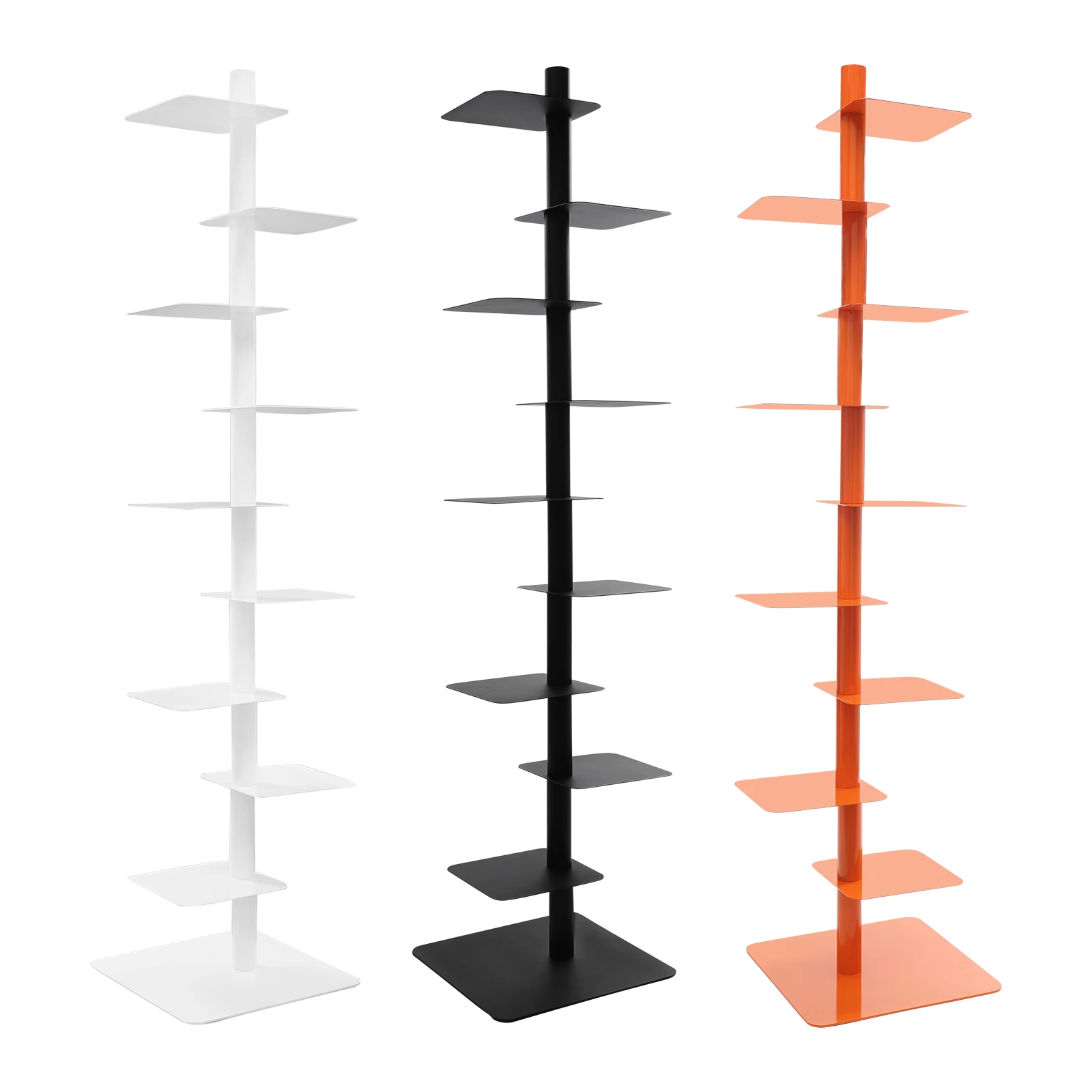 رف كتب دوار برتقالي/أبيض/أسود مكون من 9 طبقات 360 درجة °   رف الكتب العمود الفقري من الفولاذ الكربوني، رف الكتب الحلزوني، منظم كتب البرج العمودي