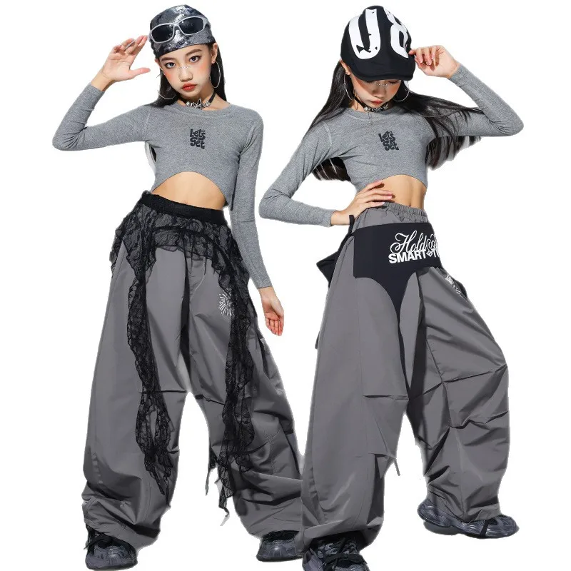 

Girls Kpop Outfit Hip Hop Dance Costumes Gray Crop Top Camouflage Pants Children Stage Show Clothes Jazz Street Dance Wear