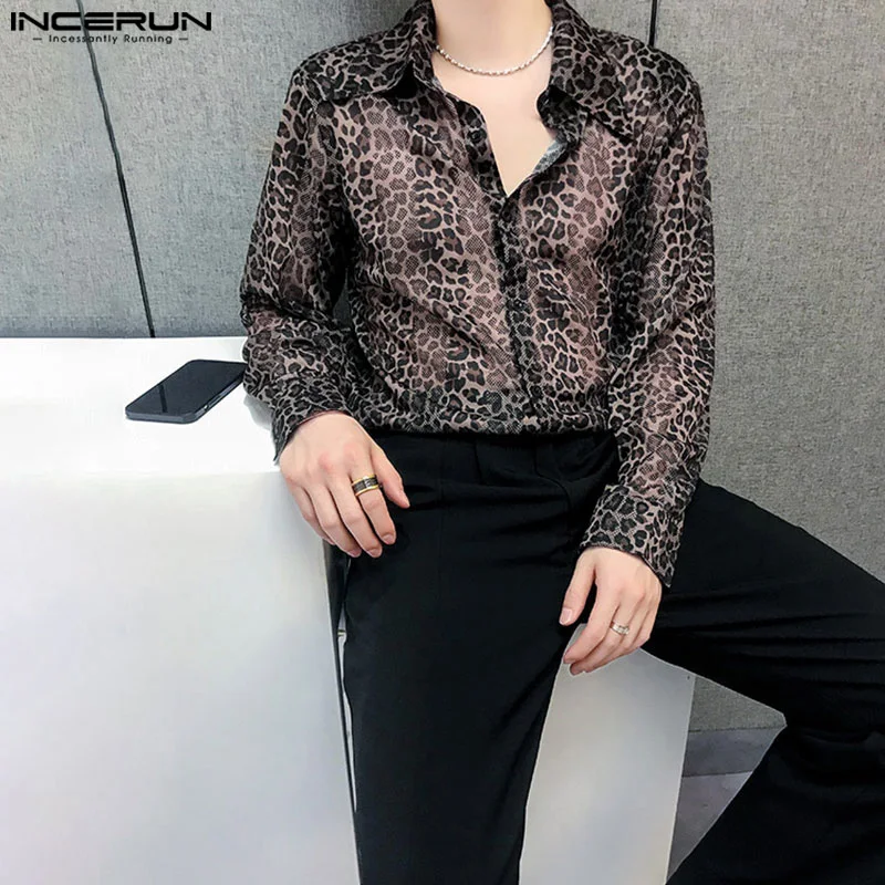 INCERUN Tops 2024 Korean Style Fashion New Men\'s Perspective Leopard Print Shirts Casual Clubwear Male Long Sleeved Blouse S-5XL