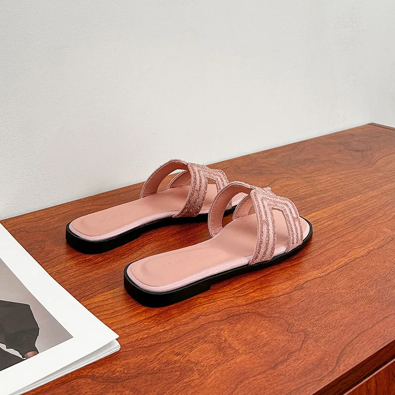 

Летние женские шлепанцы с стразами, плоские, подходят для улицы, повседневные, модные, с мягкой подошвой, пляжные сандалии, большие размеры