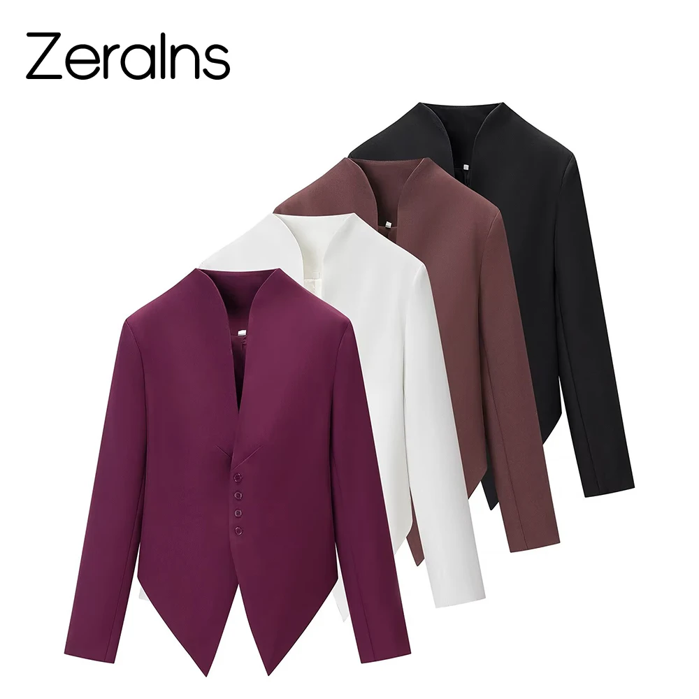 ZERAINS Summer new women's slim fit version simple and slimming deep V-neck long sleeved asymmetrical hem small suit jacket