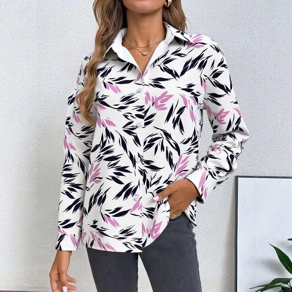 

Mia Muse Select Women's Shirts Autumn Winter Daily Basic Botanical Full Print Button Front Cuff Sleeve Shirt Collar Shirts