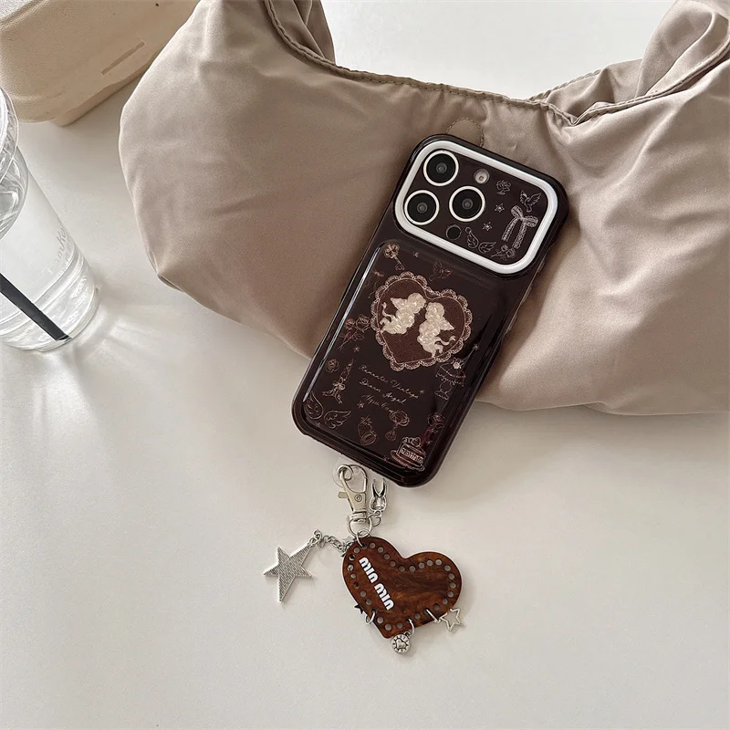 Y2K Retro Cupid Angel Card Holder Phone Case For iPhone 18 17 16 15 Pro Max Heart Pocket With Star Heart Charm Shockproof Cover