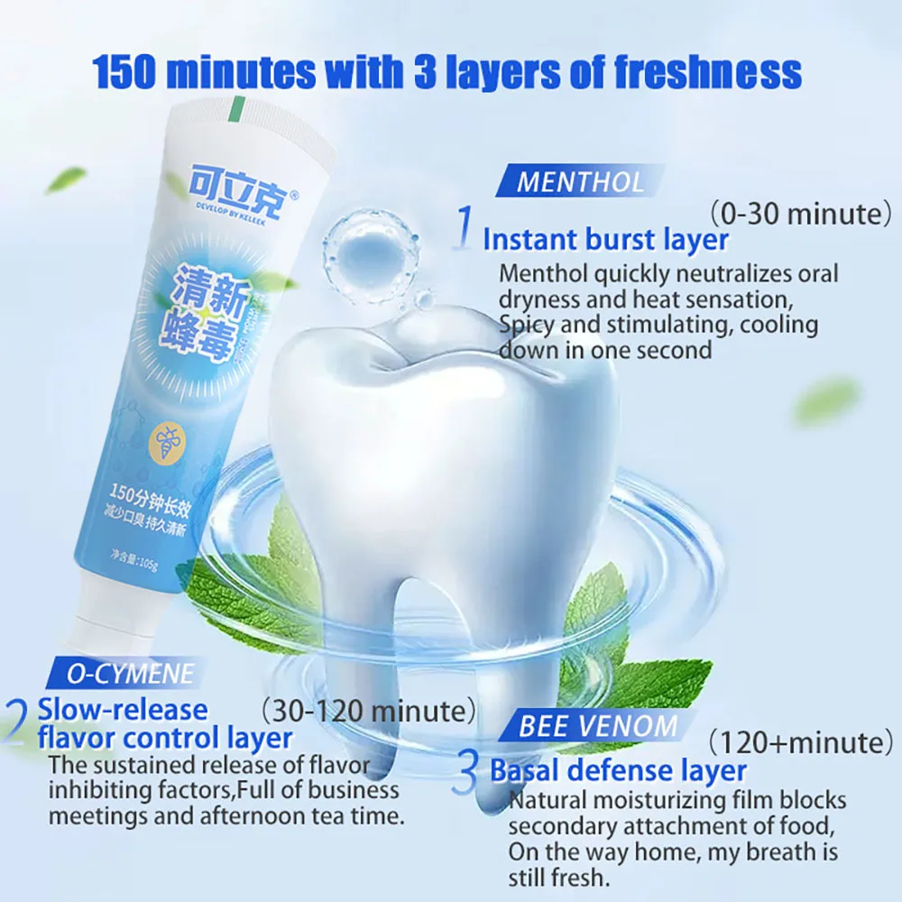 Whitening toothpaste Fluorine-free 150 minute long-lasting fresh breath dentifrice Bee venom Unisex Mint components Cool mouth
