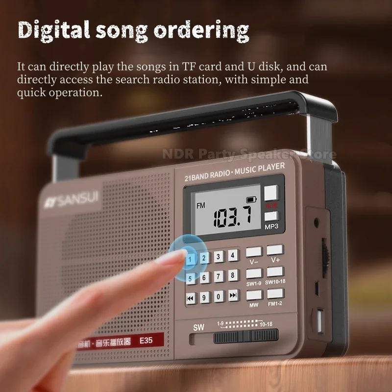 SANSUI E35 FM/MW/SW راديو محمول كامل النطاق متعدد الوظائف مشغل موسيقى يدعم اتصال سماعة الأذن/اختيار الأغاني الرقمية