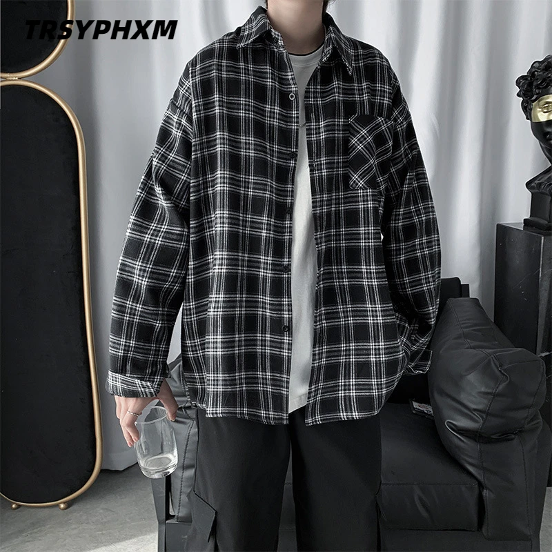 TRSYPHXM Spring clothing 2024 new Hong Kong fashion brand plaid long sleeved shirt loose casual shirt jacket for men and women