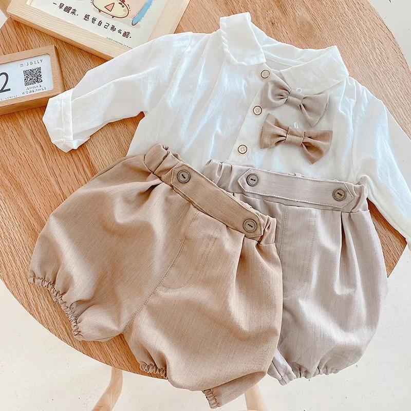 

MOONBIFFY 2024 Herfst Baby Kleding Set Peuter Gentleman Jongens Pak Strikje Blouse En Shorts 2 Stuks Verjaardag Kleding