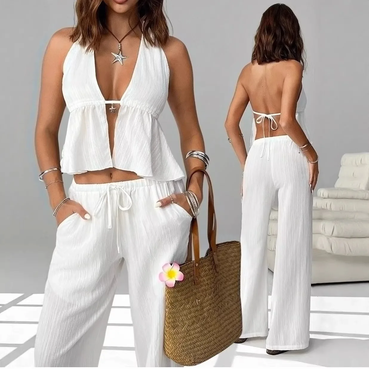 

Fashion Womens Matching Sets White Outfit Summer Women's Halter Strap Backless Sexy Outfits Sleeveless Vest Set 2 Piece Woman