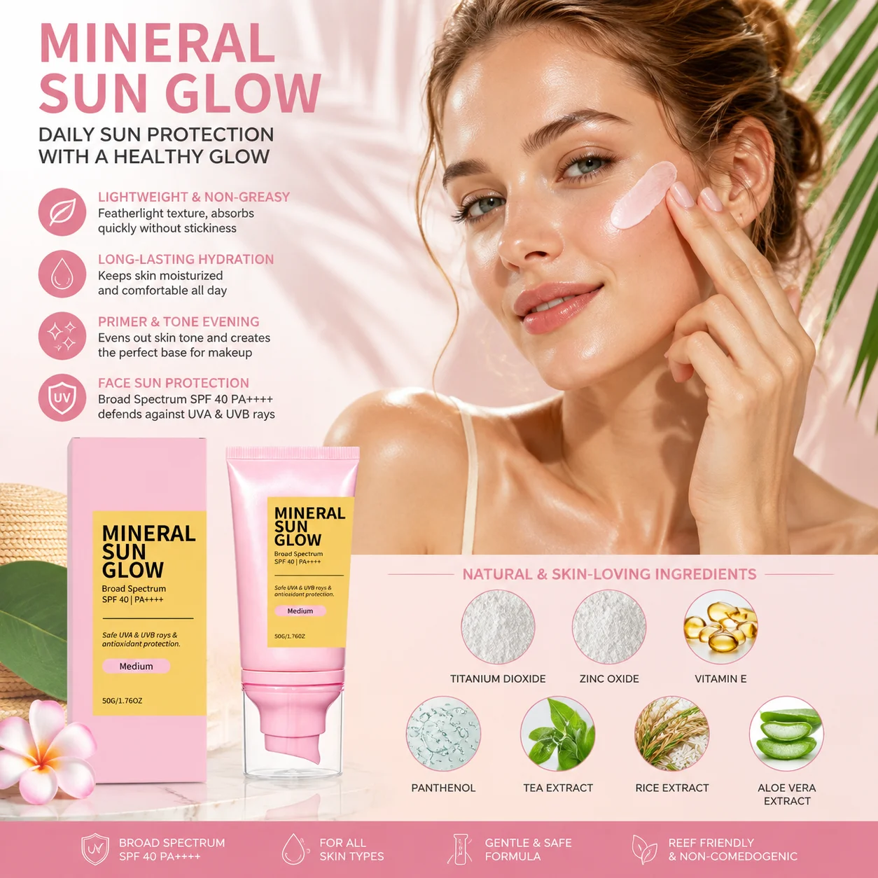 Tinted Facial Sunscreen Spf 40 PA++++ Uva Uvb Anti Sun Protection Lightweight Makeup Base Antioxidant Medium Mineral Sunscreen
