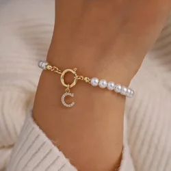 Minar INS Fashion 14K Real Gold Silver Plated Copper CZ Zircon 26 Letter Imitation Pearl Beaded Chain Charm Bracelets for Women