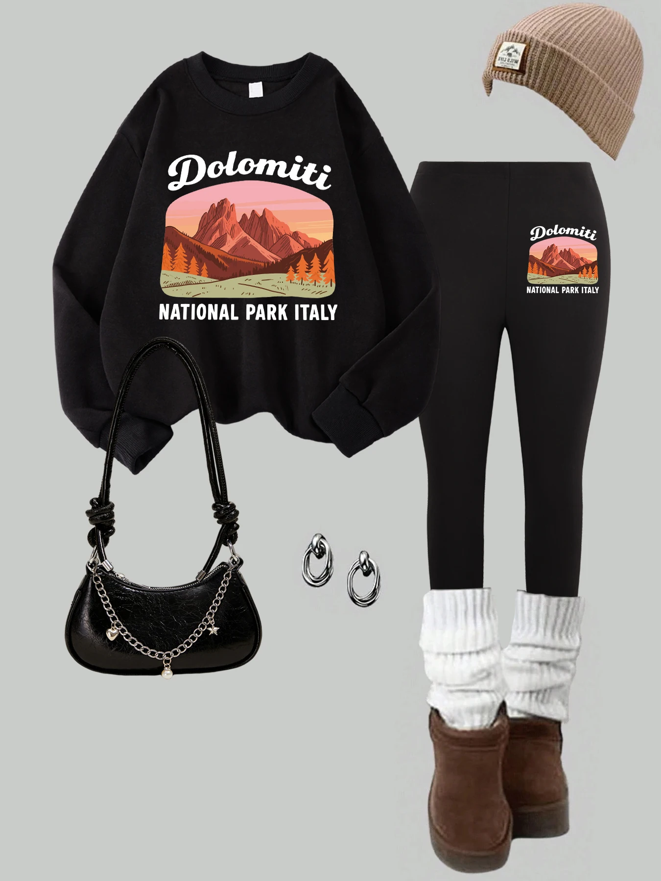 

National Park Italy Mountain Printed Women Sweatshirt Set Hip Hop O-Neck Pullovers Autumn Loose Pants Thicken Fleece Leggings