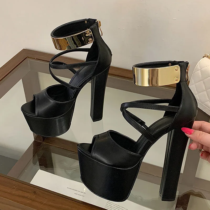 

Fashion Metal Ankle Cover Strap Women Super High Heels Dance Shoes 2026 New PU Leather Chunky Platform Sandals Shoes Black