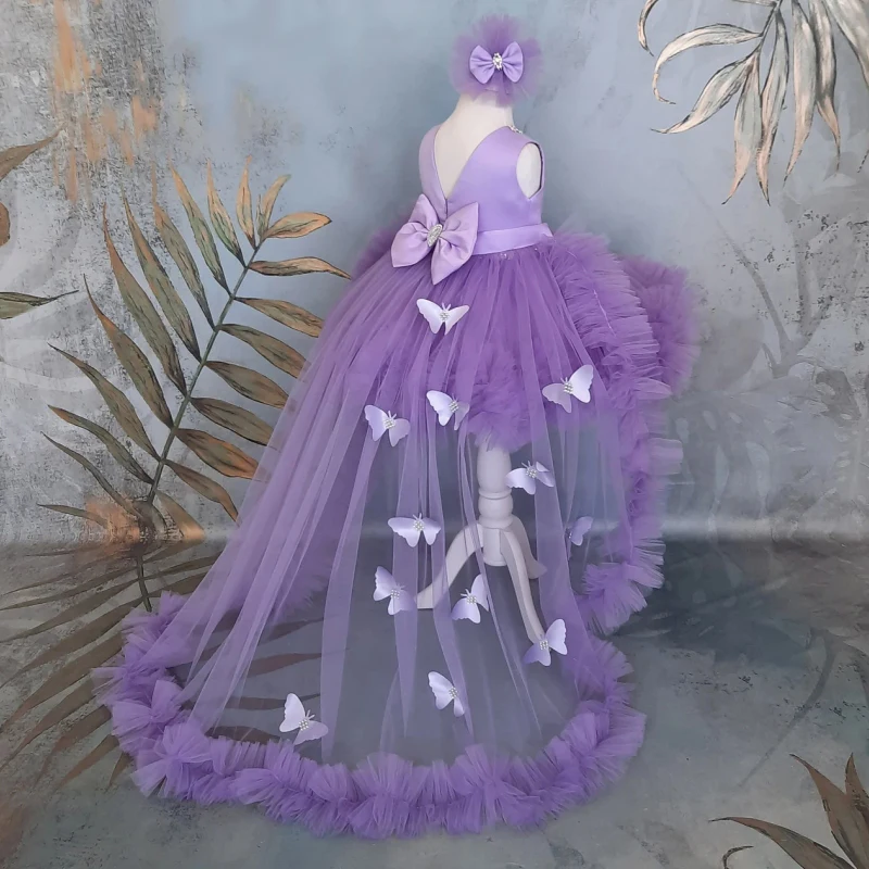 Purple Flower Girl Dresses Tulle Butterfly With Bow And Tailing Sleeveless For Wedding Birthday Party First Communion Gowns