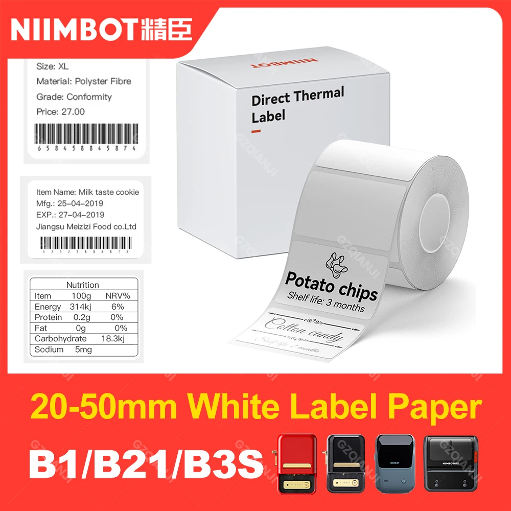 Niimbot Label Printer White Paper Sticker B1 B21 B203 Label Maker Tape 30x20mm 50x80mm Bigger Size B3S for Mini Mobile Labeller