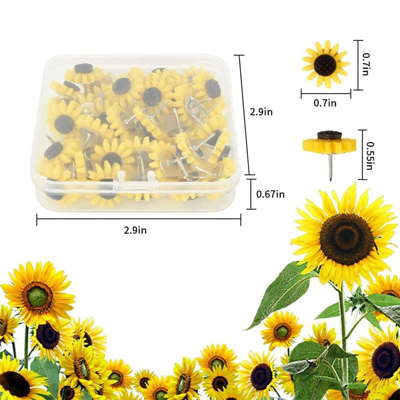 40 Uds. De chinchetas de girasol, tachuelas de flores, tachuelas decorativas de girasol para fotos, mapas de pared, tablones de anuncios