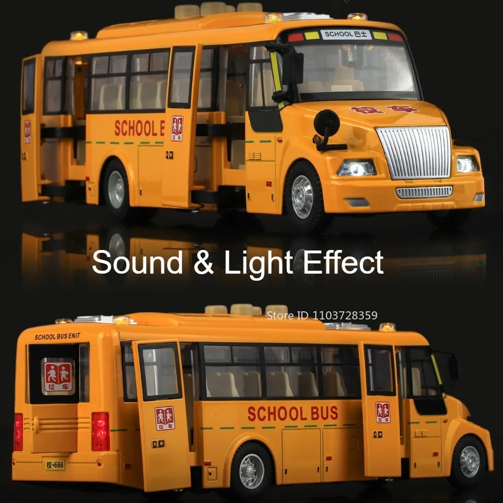 1:24 escala ônibus escolar modelo de carro de brinquedo liga diecast som luz puxar para trás porta aberta veículos de simulação para crianças presentes de aniversário