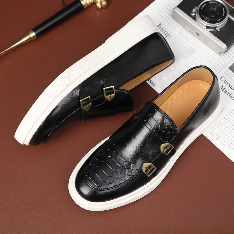 Black Men's Vulcanize Shoes Double Buckle Slip-On Brown Pu Leather Sneakers Shoes for Men with  Size 38-46