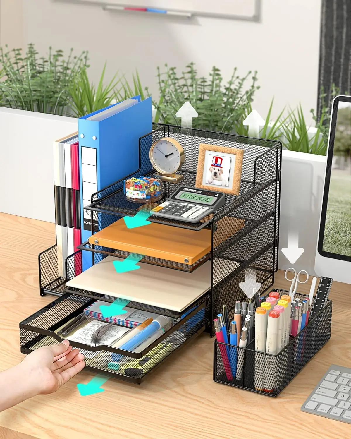 4-Tier Desk Organizer with Mesh File Holder Office Supplies Accessory with Sliding Drawers And Pen Holder for Desktop Organizati