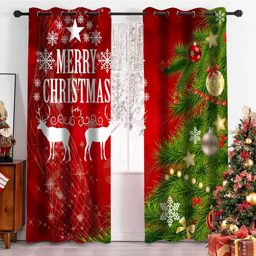 

Christmas Elements 3D Curtains Christmas Tree Snowman Living Room Bedroom Balcony Window Decorative Curtains 2 Panels