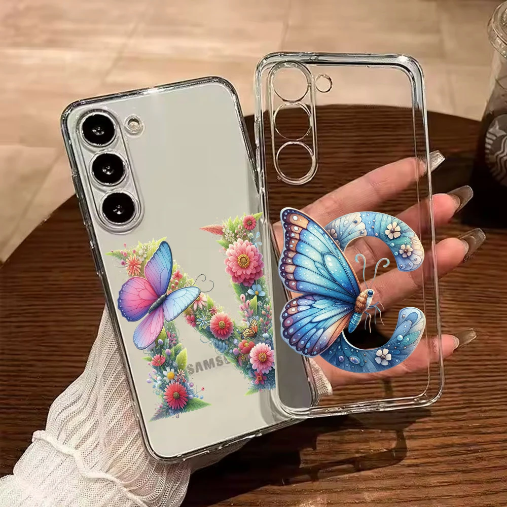

For Samsung Galaxy A54 A14 A34 A24 Blue Butterfly Flower Letters A-Z Couple Phone Case Transparent Clear Silicone Bumper Cover