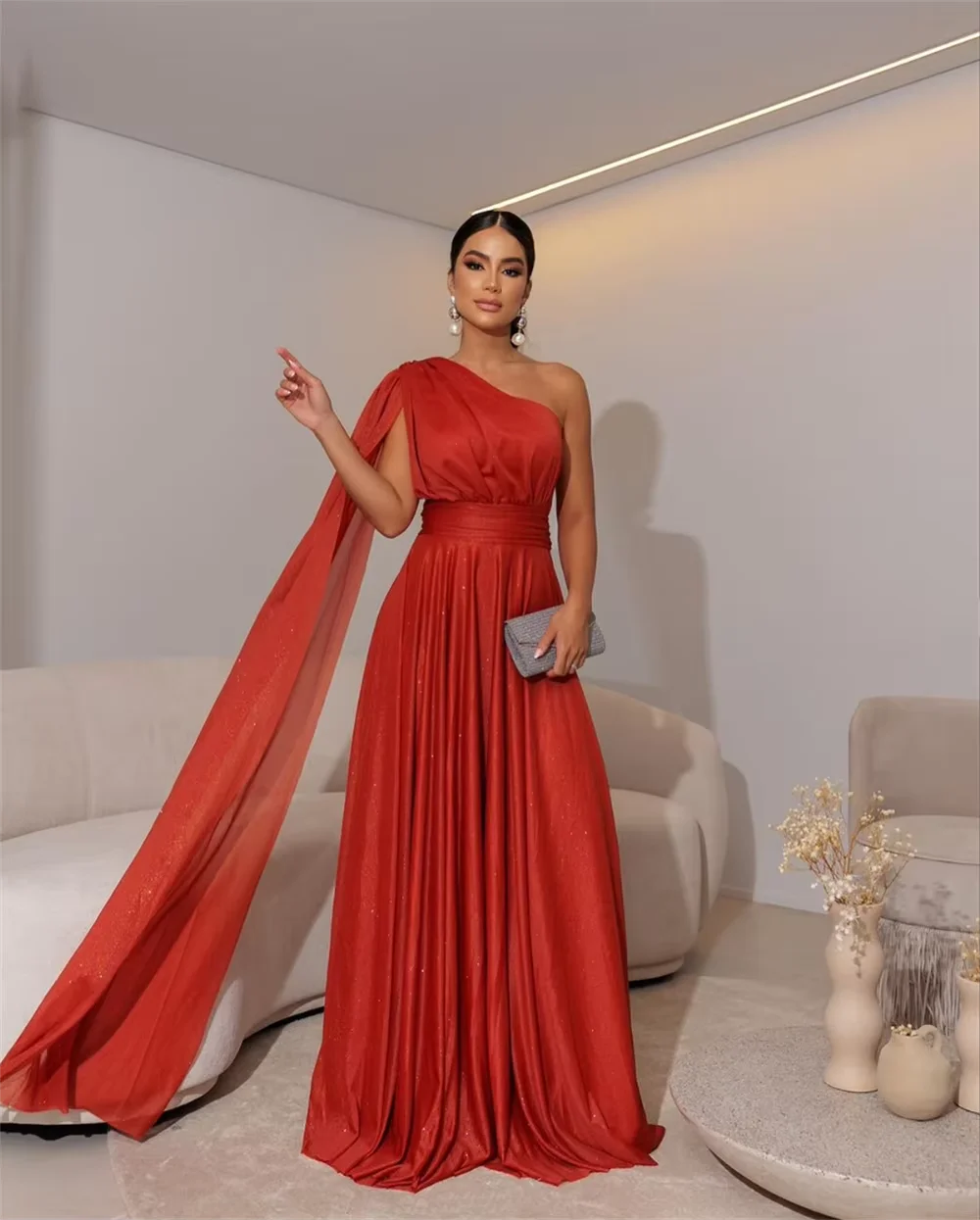 

Elegant Women One Shoulder Prom Dress Chiffon Pleated Backless Party DressLong Arabic Formal Evening Dresses Customized