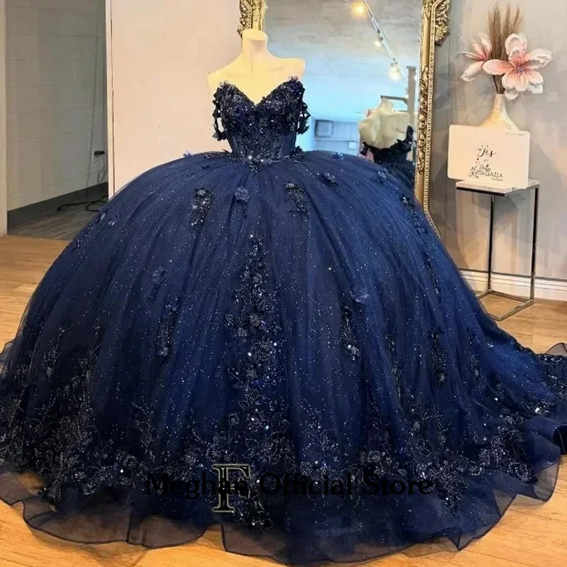 فساتين Quinceanera الفاخرة باللون الأزرق الداكن 16 زهرة فساتين رسمية Vestidos de 15 Quinceanera مخصصة #1