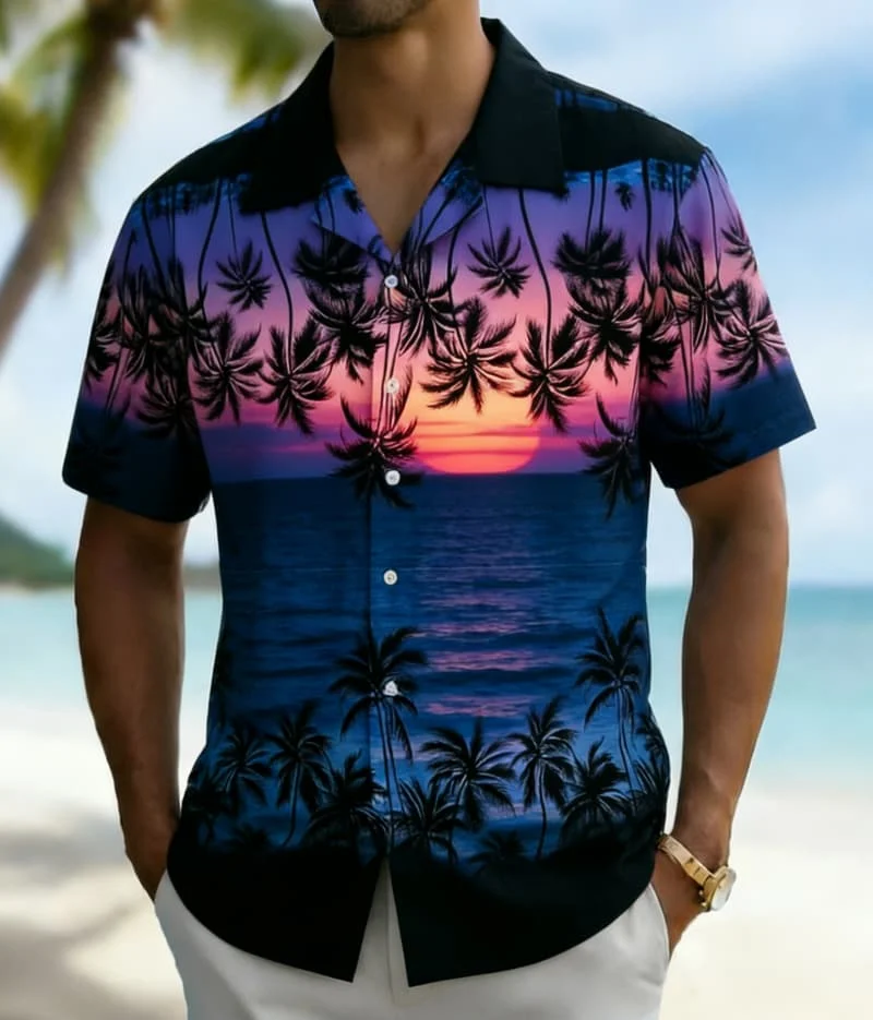 

Men's Tropical Sunset & Palm Tree PrintShirt, Exotic Hawaiian Casual Design for Summer Vacation, Daily Wear & Street Style