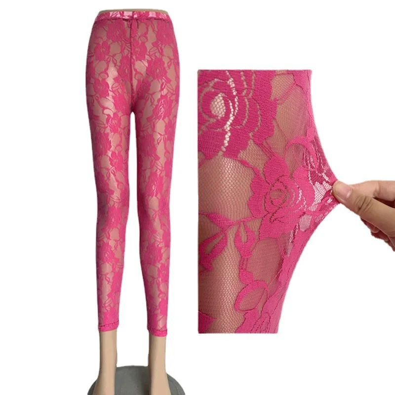Rose Lace Elegant Through Leggings Pants Footless Black Women Summer Skinny Nine Pants  Sexy Leggins Ropa De Mujer