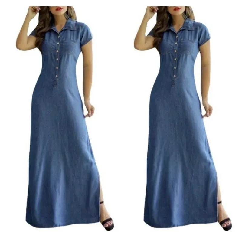 

2024 New Hot Europe And America Cross Border New Long Dress Shirt Collar Split Pocket Large Swing Dress Large Casual Denim Dress