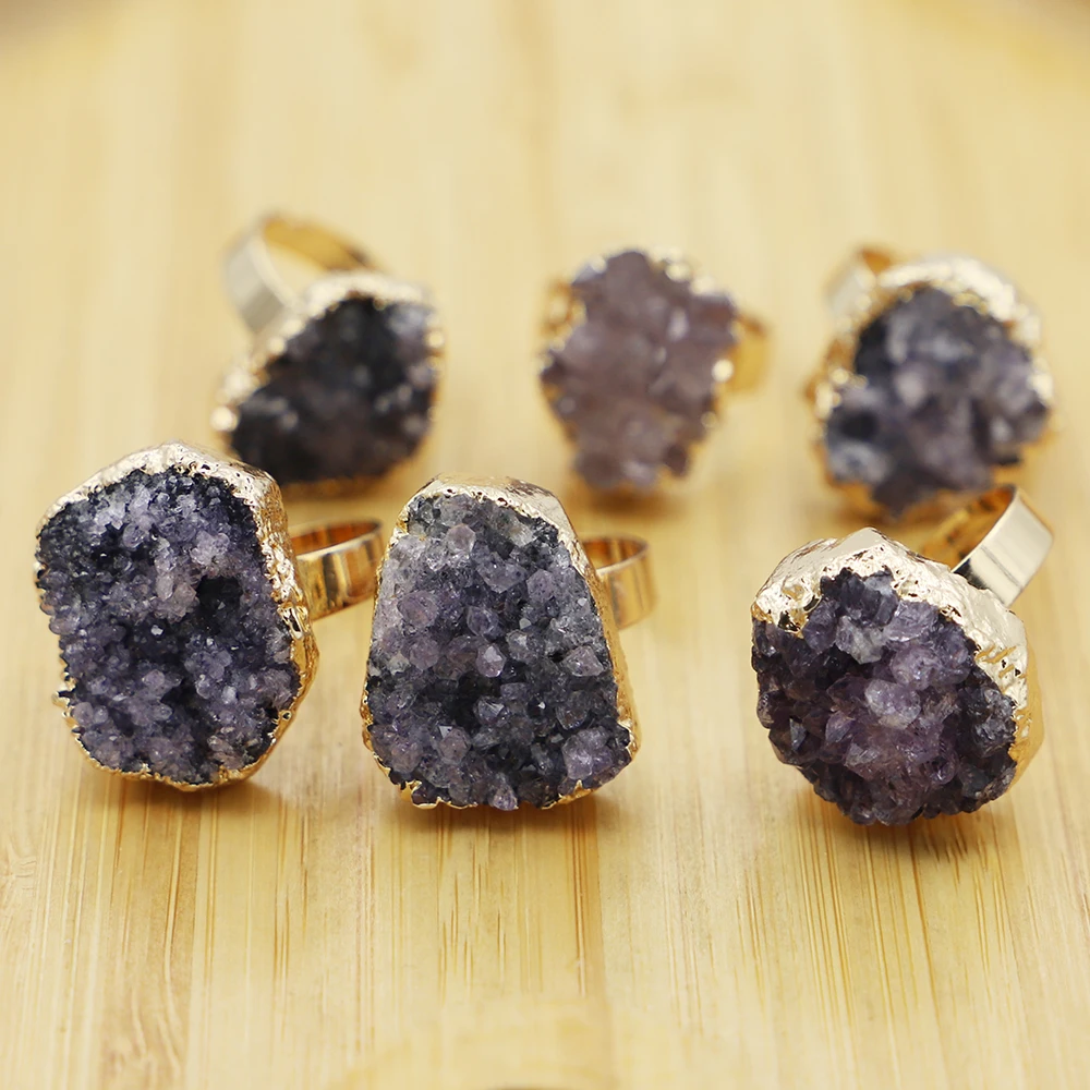 Selling New Natural Stone Druzy Amethyst Bud Ring Gold Plated Irregular Open Finger Adjustable Women Party Wedding Jewelry 10Pcs