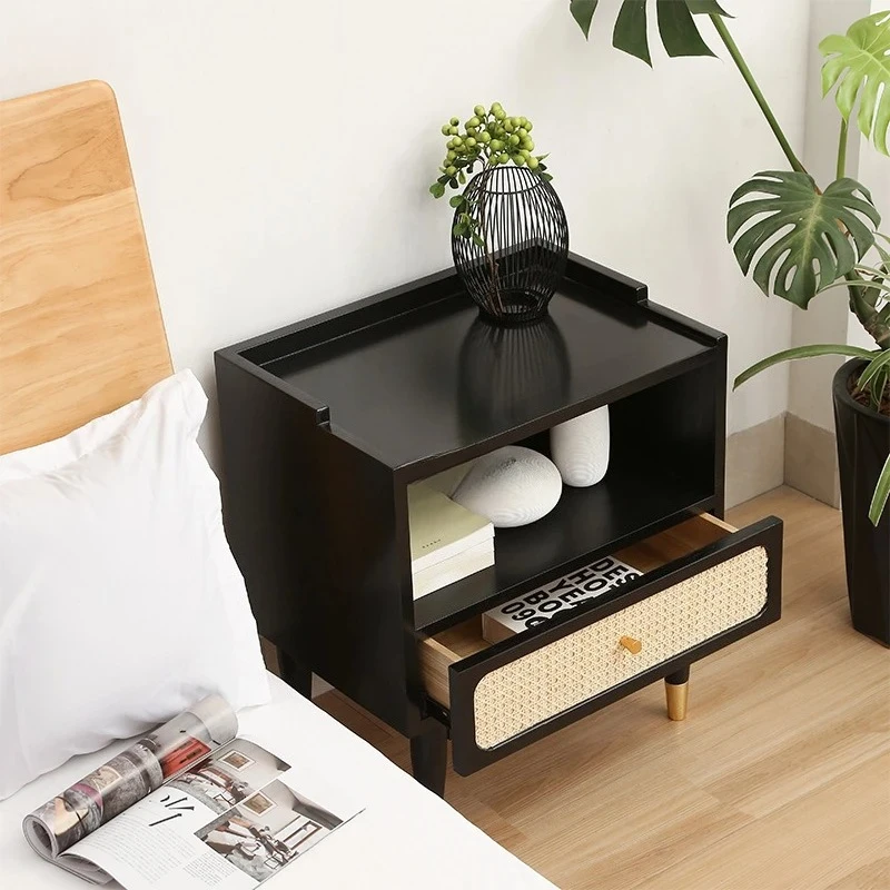 Nordic Rattan Home Nightstands for Bedroom Modern Luxury Solid Wood Bedside Tables Bedroom Furniture Creative Storage Cabinets Y
