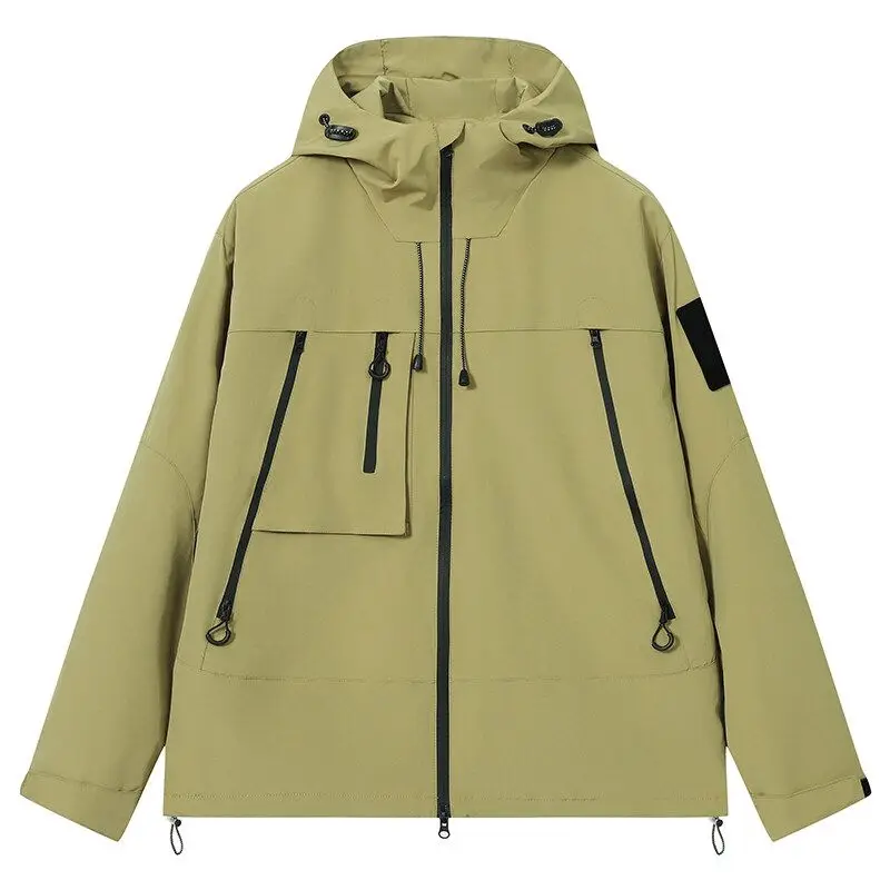 Men Wear-resistant Hiking Jacket Multi Zipper Pocket Outdoor Sport Windproof Coats Casual Streetwear Drawstring Hooded Jacket