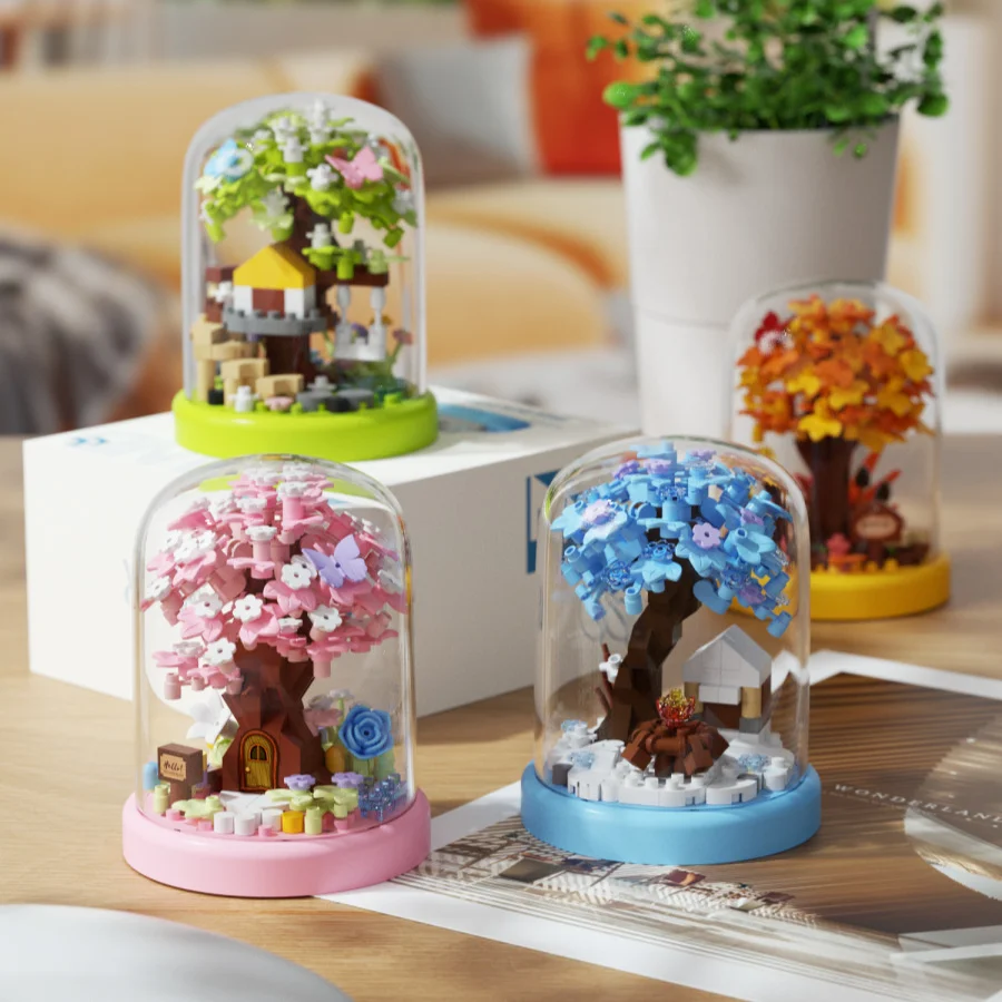 Casa del árbol de las cuatro estaciones, vista a la calle, bloques de construcción en miniatura, modelo de ladrillo de construcción, regalos de la serie de decoración del hogar, kawaii