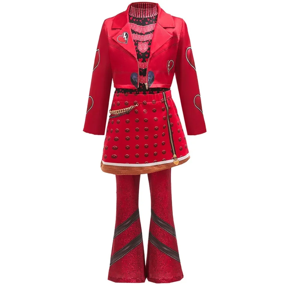 Red Heart Print 3pcs Girls Rock Dress Up Outfit Jacket Top Skirt Flare Pants Kids Halloween Birthday Holiday Party Costume TAN06
