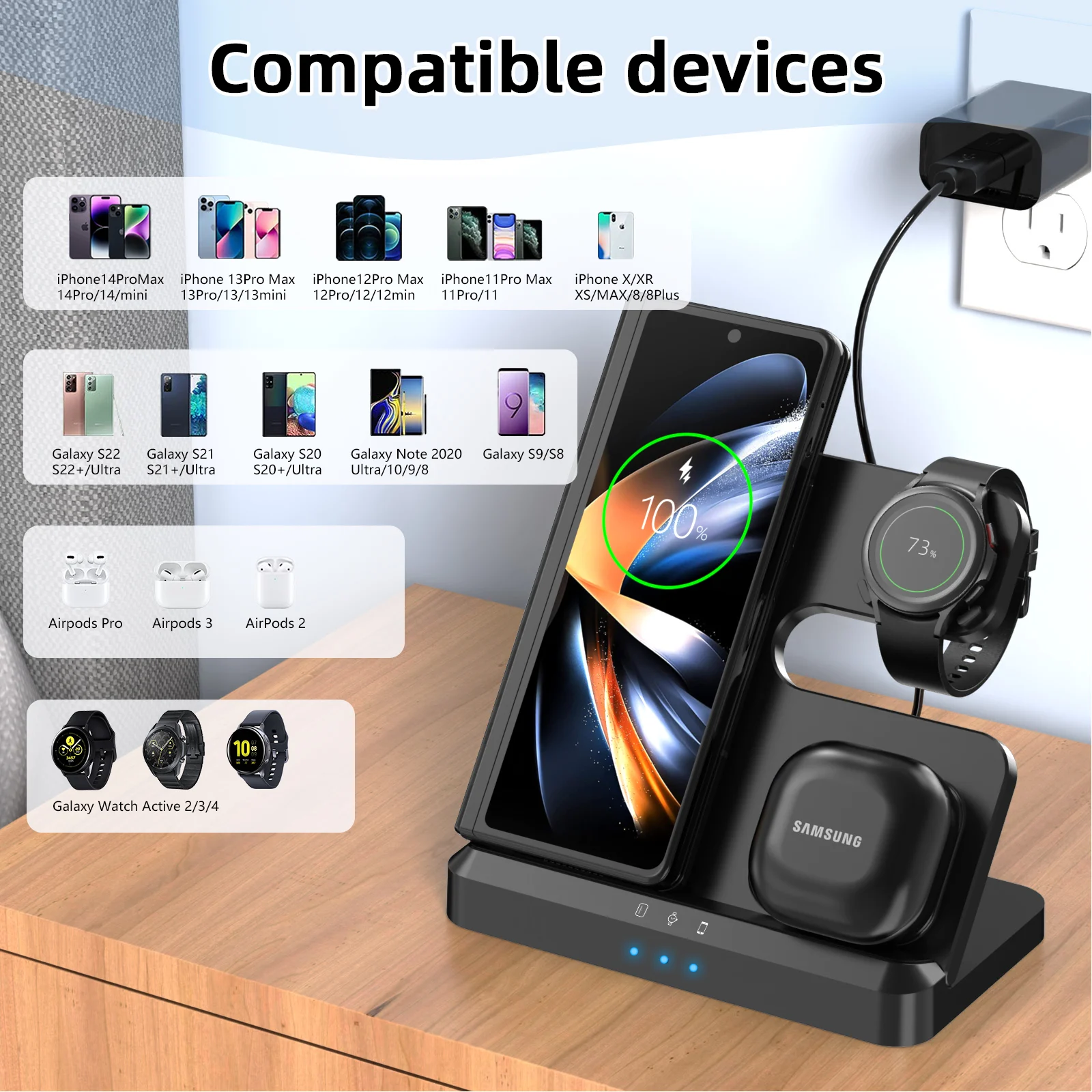 3 In 1 Wireless Charger Stand for Samsung Z Fold Flip 6 5 4 S23 S24 Fast Charging Station For Galaxy Watch 7 6 5 4 3 Buds2 Pro