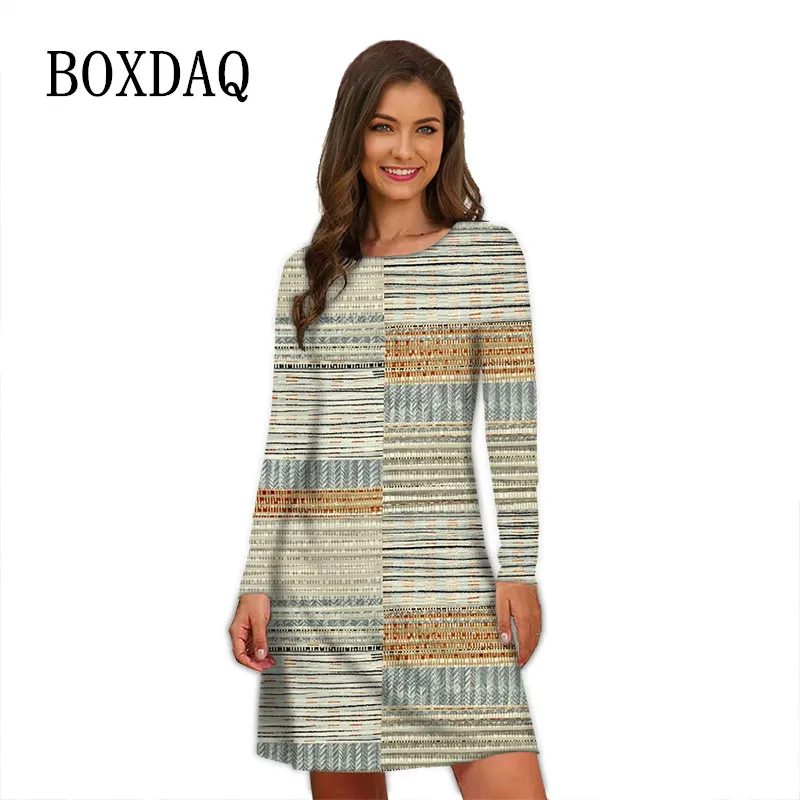 Geometry Striped Pattern Print Dress Vintage Women Long Sleeve Dress Autumn Winter Oversized Clothing Women Casual Loose Dresses