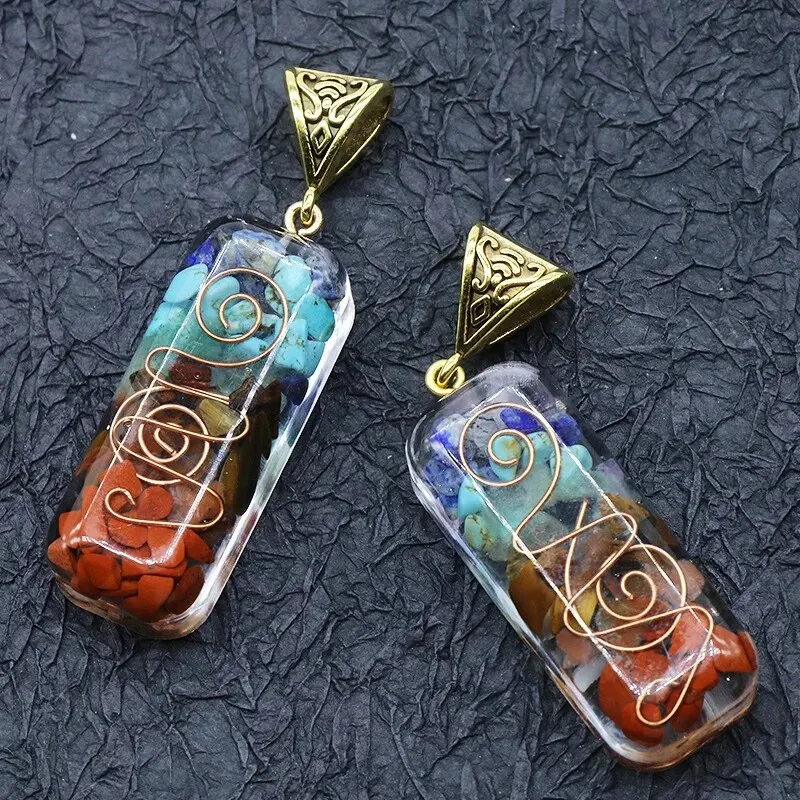 2pcs/Set 60x10mm Natural Colorful Crushed Stone Quartz Necklace Resin Wrapped Natural Stone Pendant 55x16mm Jewelry Accessories