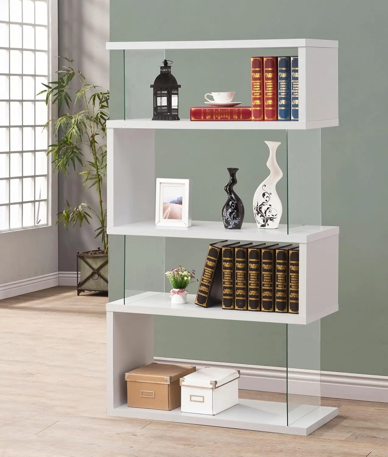 Zigzag 4-Shelf Wood Bookcase Glossy White Glass Panels Open Storage Home Office Living Room 63