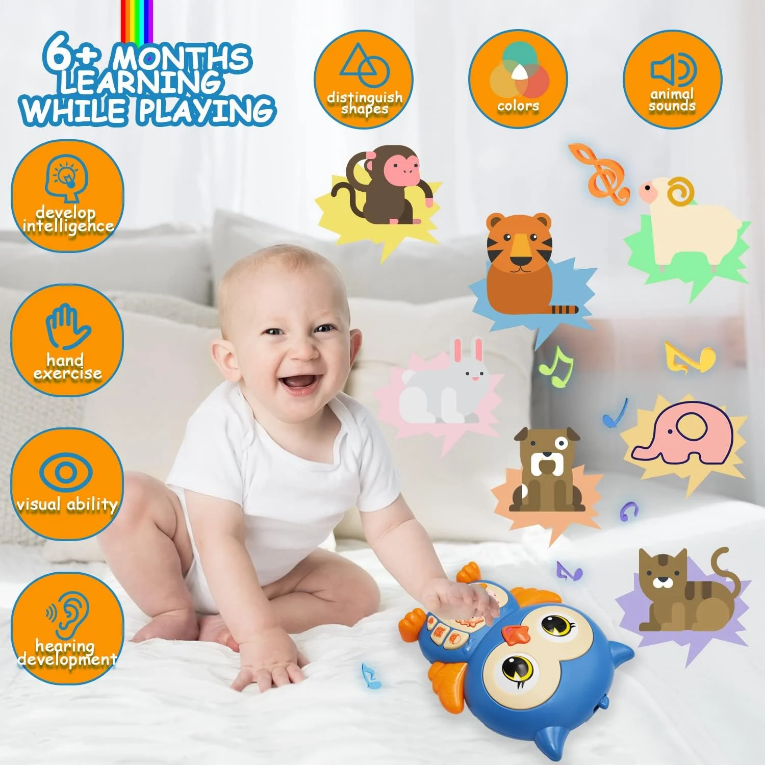 Owl Musical Baby Learning Toy, Interactive Animal Buttons Sensory Early Educational Toy for 6M+ Infant Baby Shower Gift