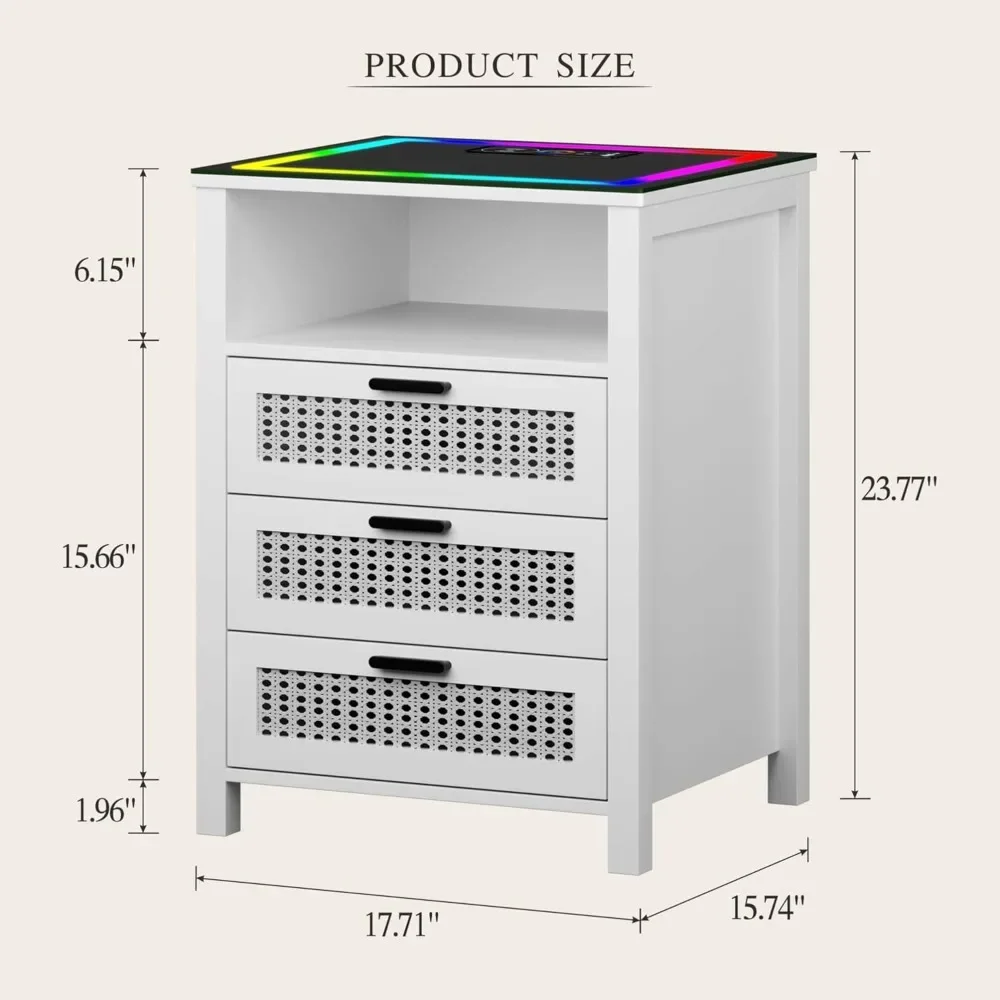 Nightstand with Lights,End table with Human Sensor Design,Night stand with Charging Station,Bed side Table with Glass Top for